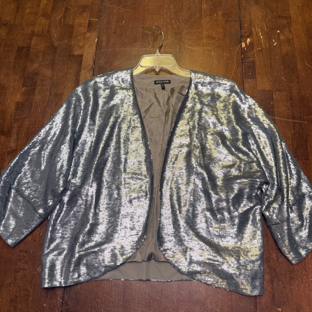 Eileen Fisher Sequin Jacket Women Large Silver Silk Open Front 3/4 Sleeve Luxury